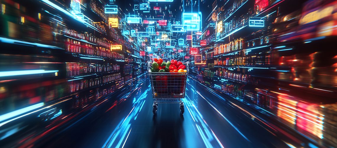 A shopping cart filled with groceries speeds through a neon-lit supermarket aisle, representing the fast-paced nature of online shopping.